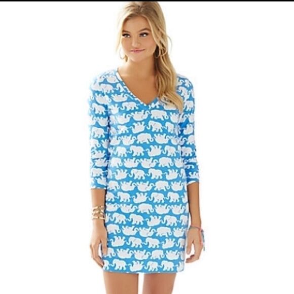 Lilly Pulitzer Tusk In Sun Elephant Print Christie 3/4 Sleeve V Neck Dress XS - Picture 1 of 5